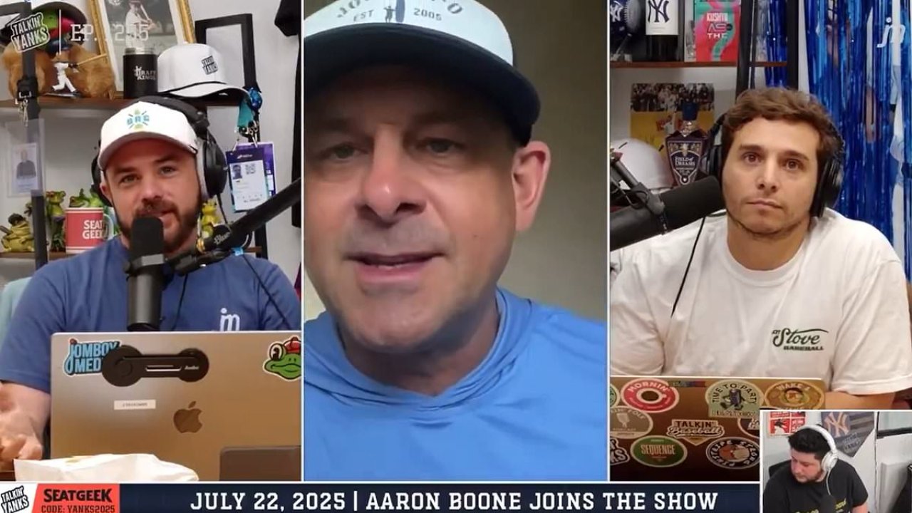 Moment furious Yankees manager Aaron Boone flips out on podcast host